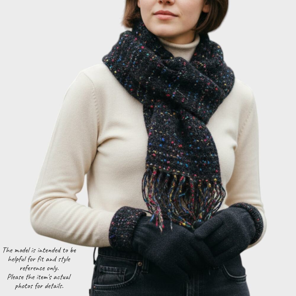 Handmade Knit Womens Scarf Black with Color 70" Long Matching Gloves